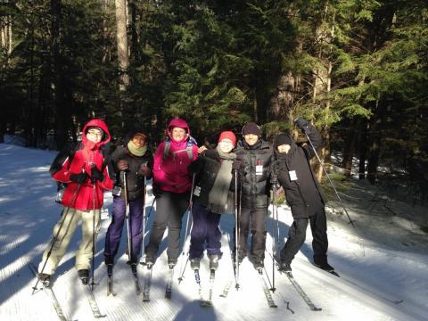 International students cross country skiing