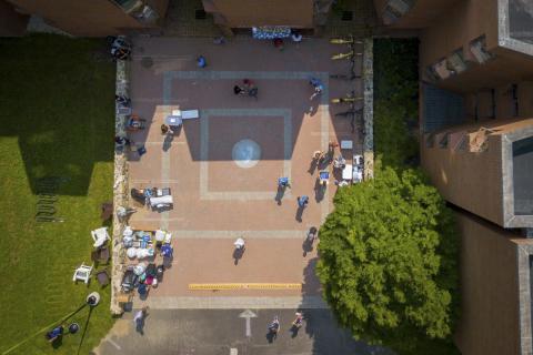 drone view of campus courtyard