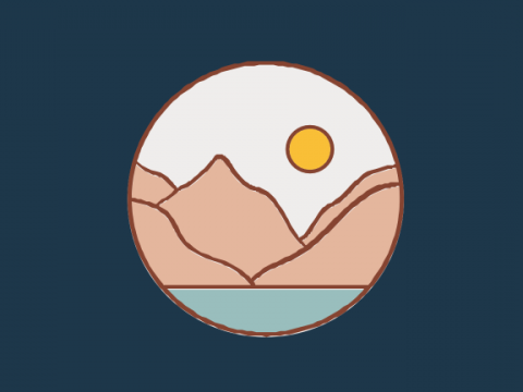 An icon of a mountain with water below and sun above