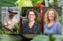 图为NHAES研究人员贝基·西德曼, 丽丝马奥尼, 和汤姆·戴维斯, 叠加在草莓的图像上